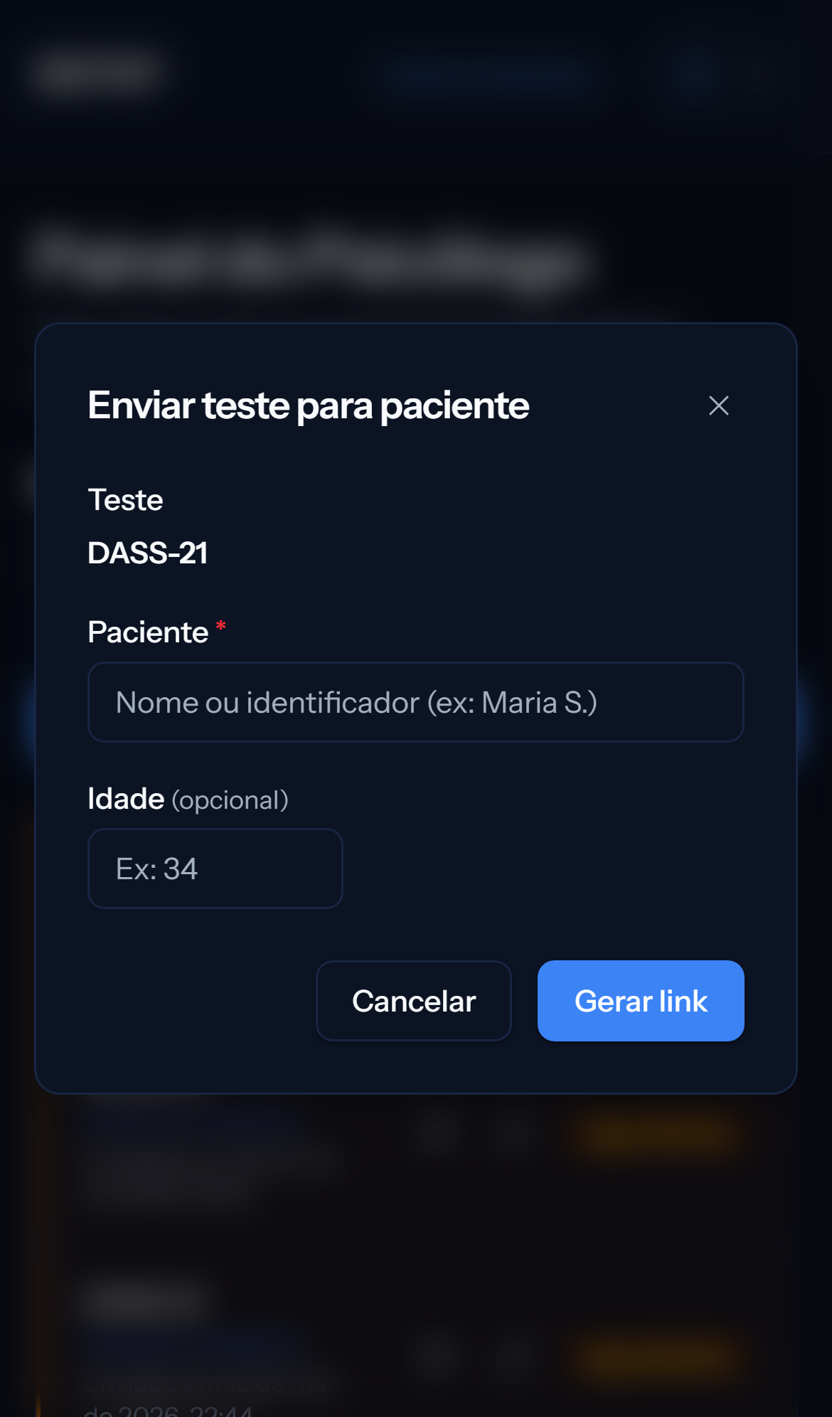 Tela mobile escura de criação de convite