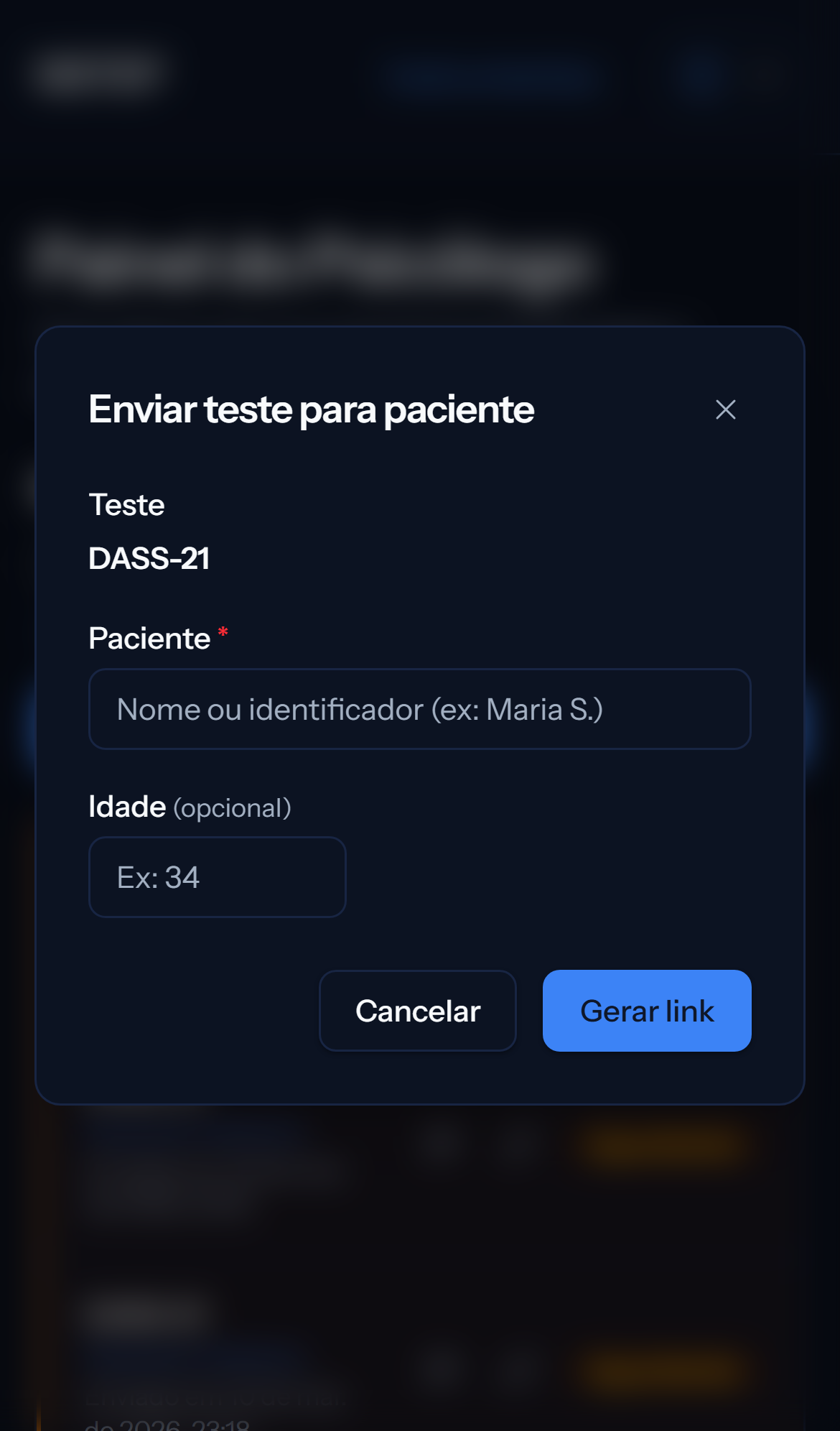 Tela mobile escura de criação de convite