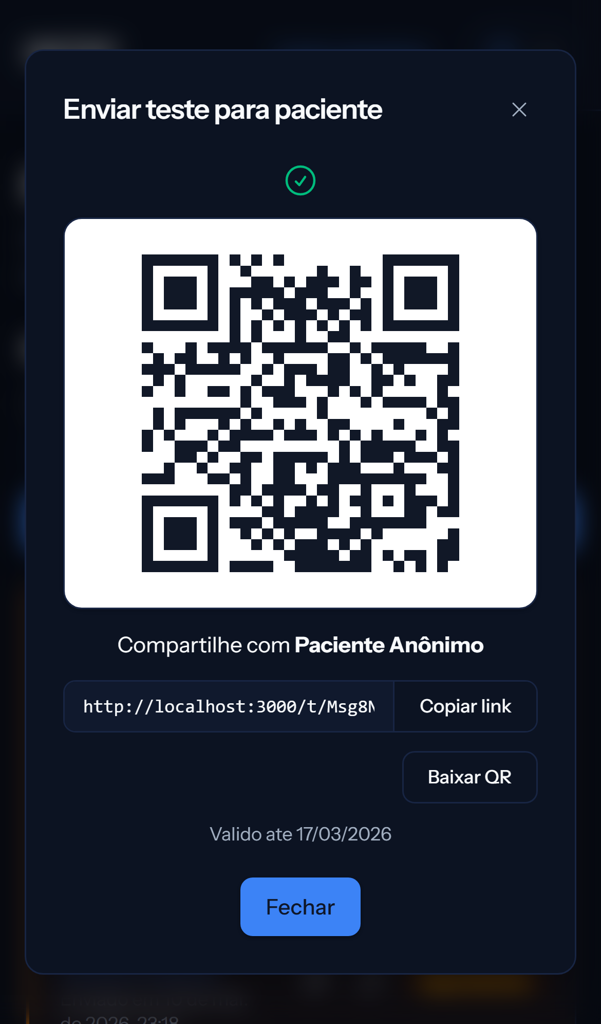 Tela mobile escura de link de convite