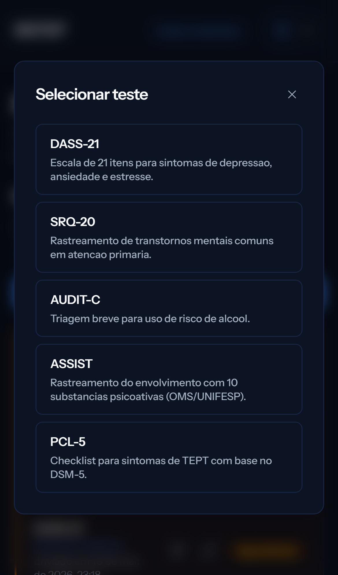 Tela mobile escura de seleção de teste para convite