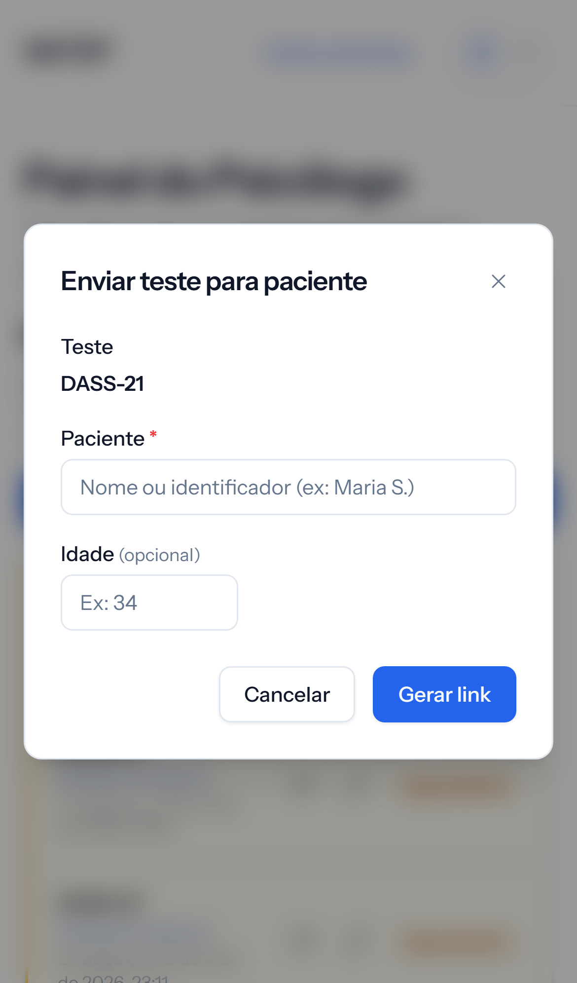 Tela mobile clara de criação de convite