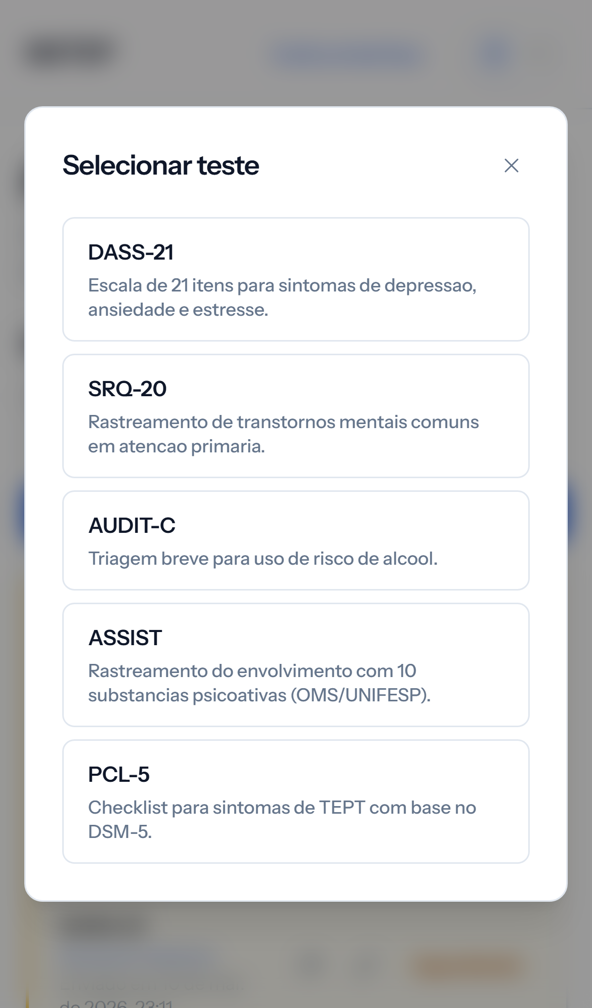 Tela mobile clara de seleção de teste para convite