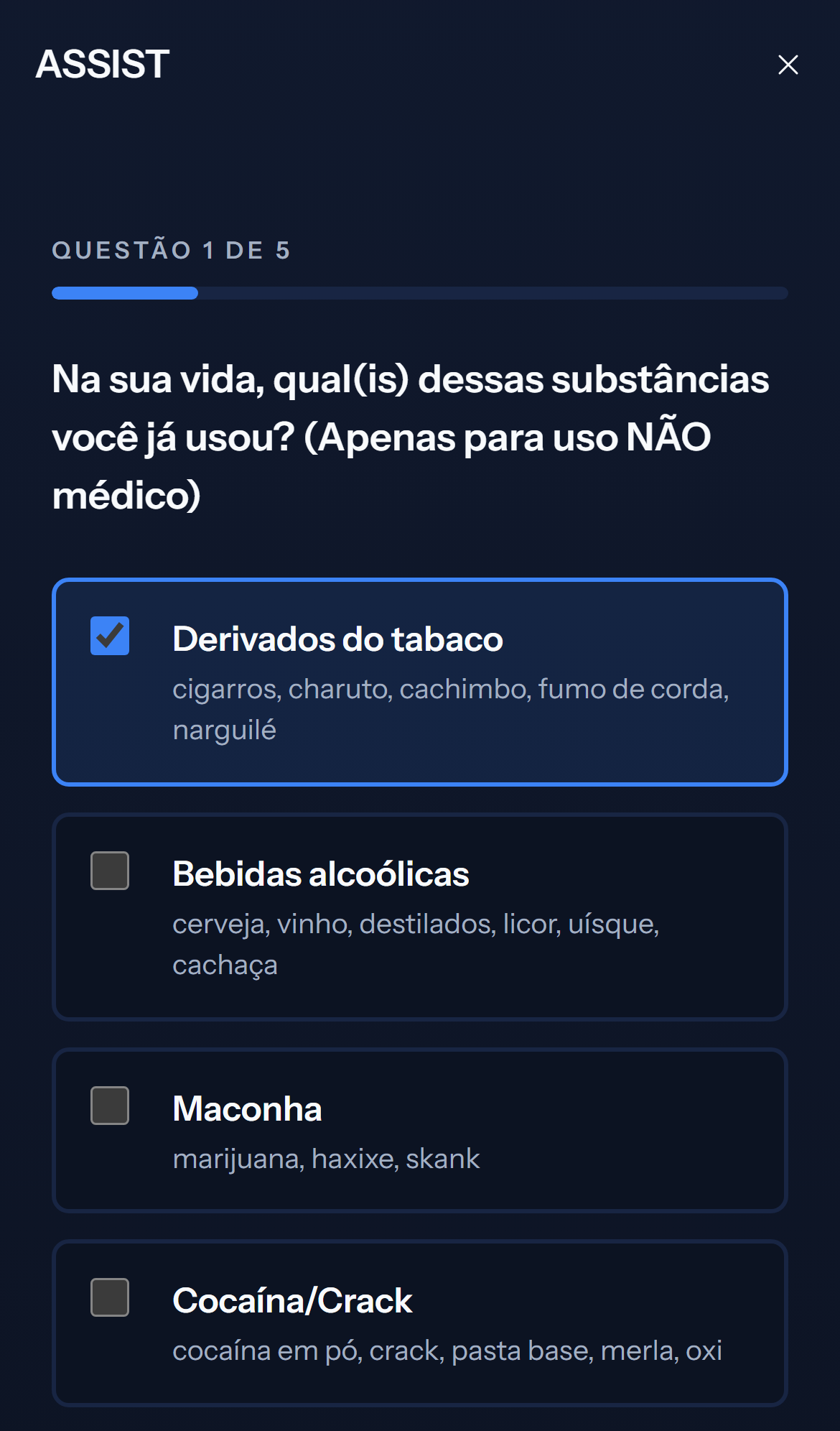 Tela mobile escura de pergunta do teste ASSIST