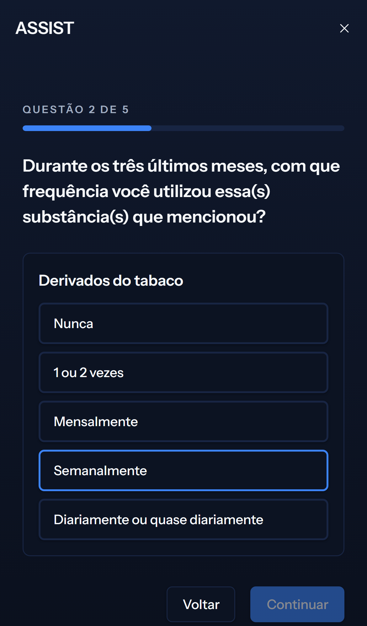 Tela mobile escura de resultado do teste ASSIST