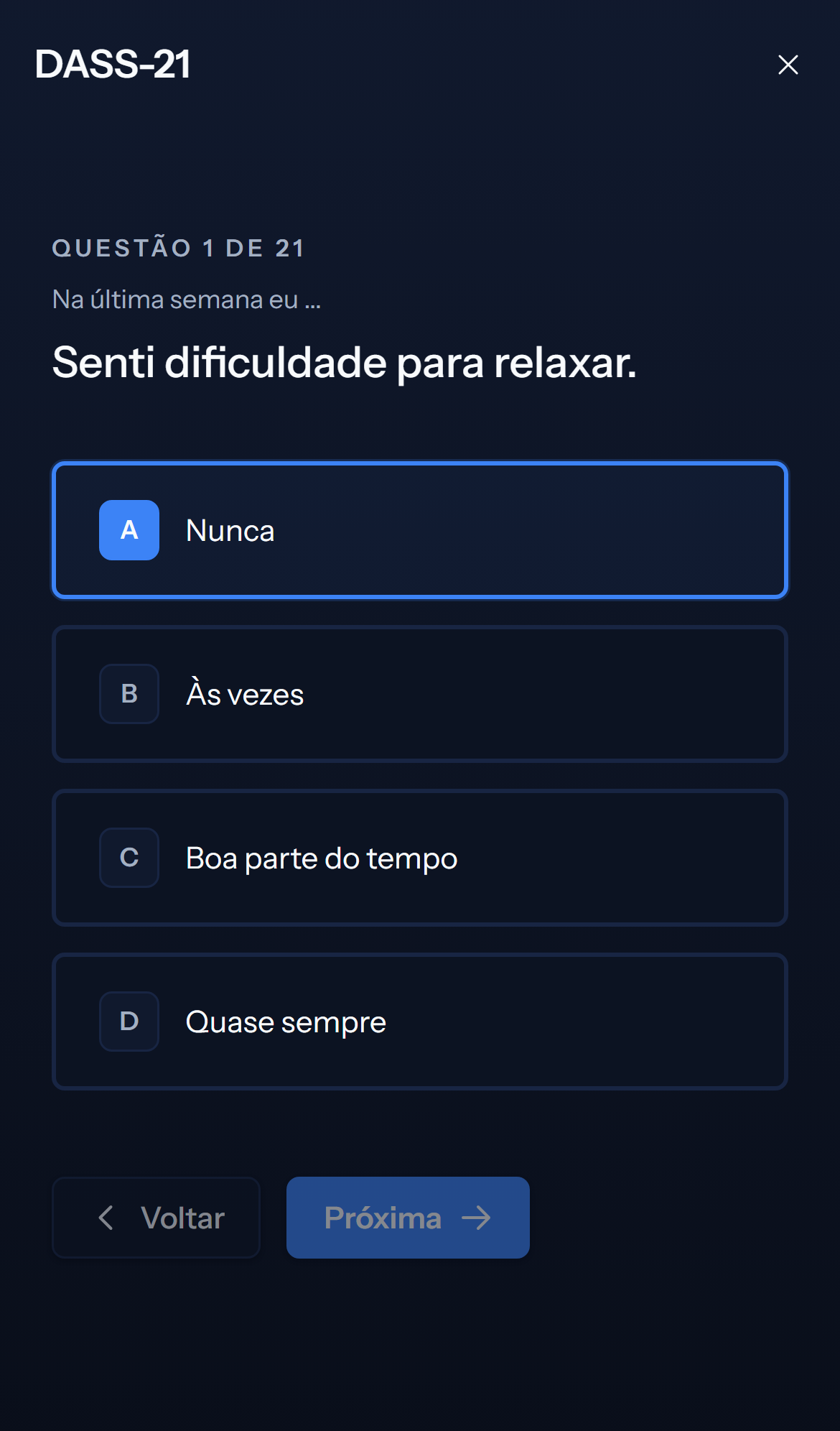 Tela mobile escura de resultado do teste DASS-21