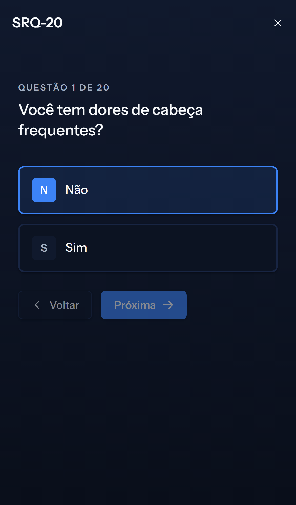 Tela mobile escura de pergunta do teste SRQ-20