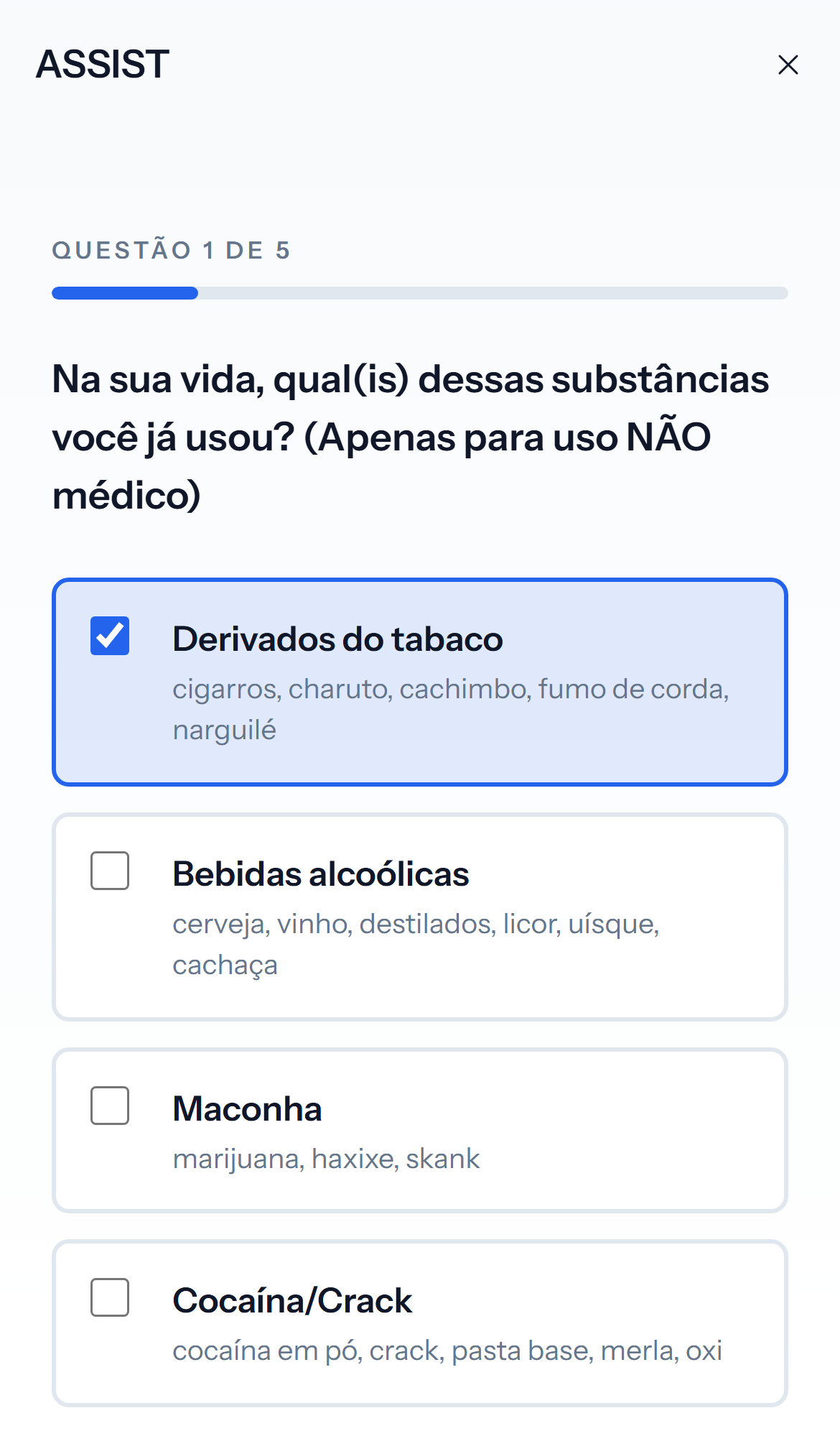 Tela mobile clara de pergunta do teste ASSIST