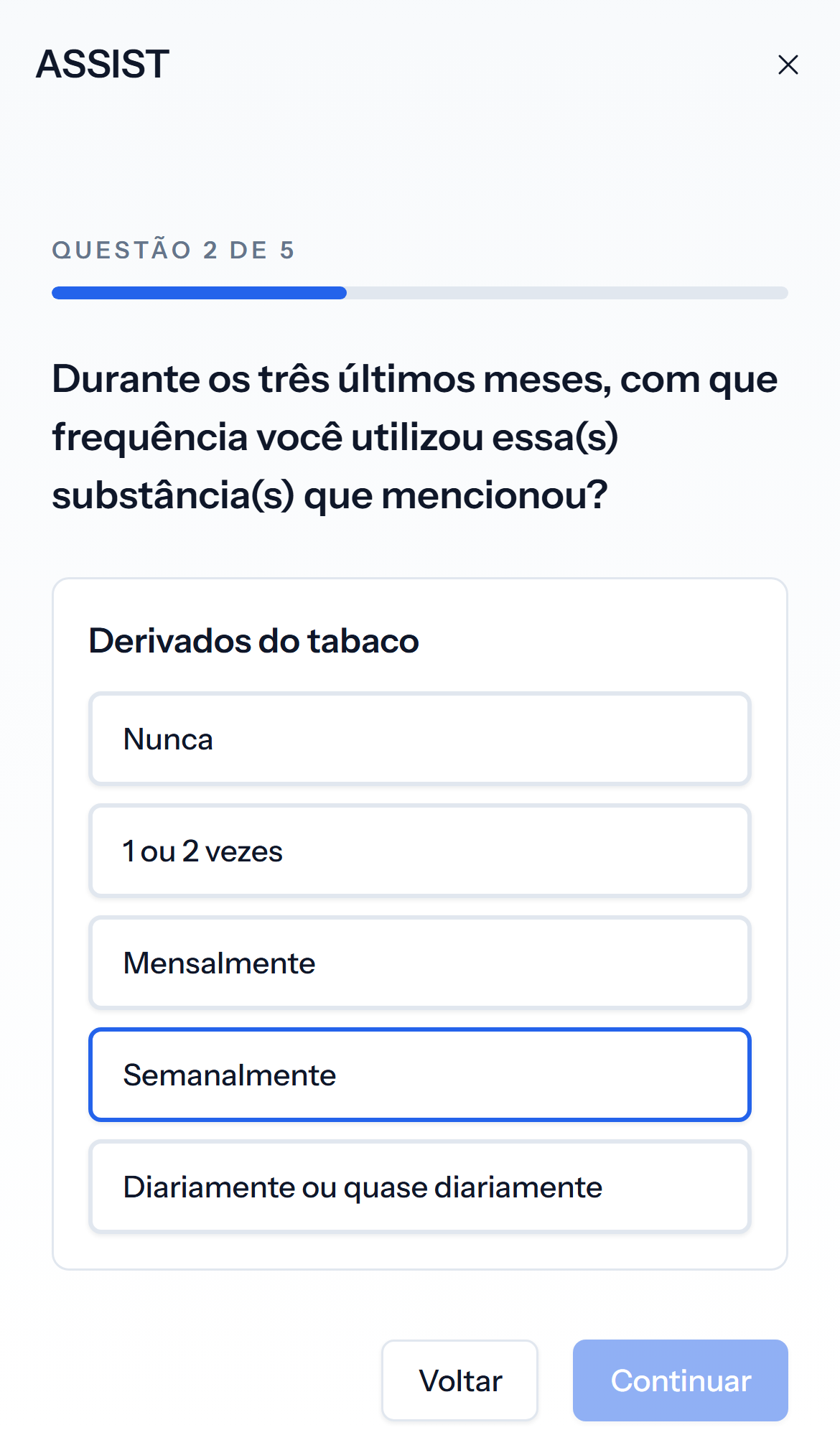 Tela mobile clara de resultado do teste ASSIST