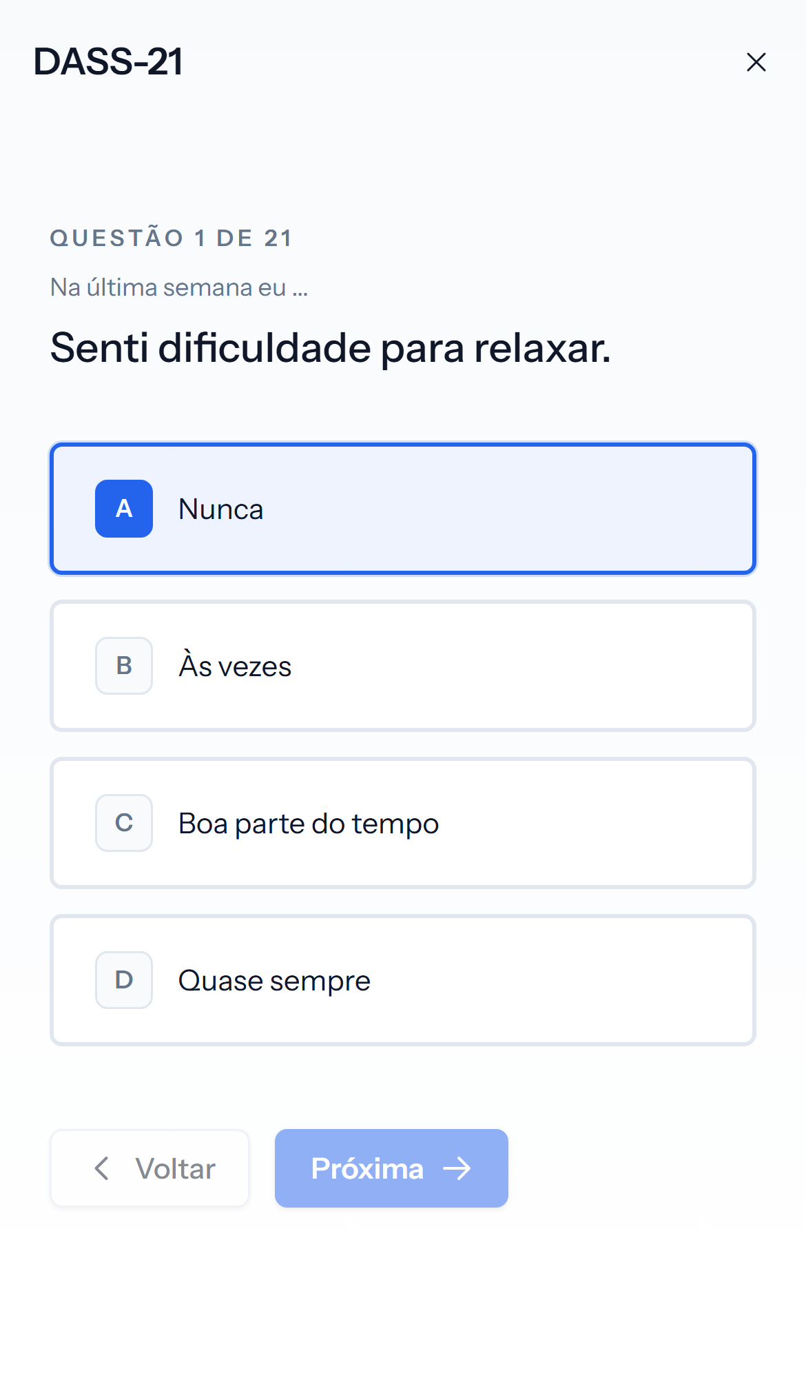 Tela mobile clara de pergunta do teste DASS-21
