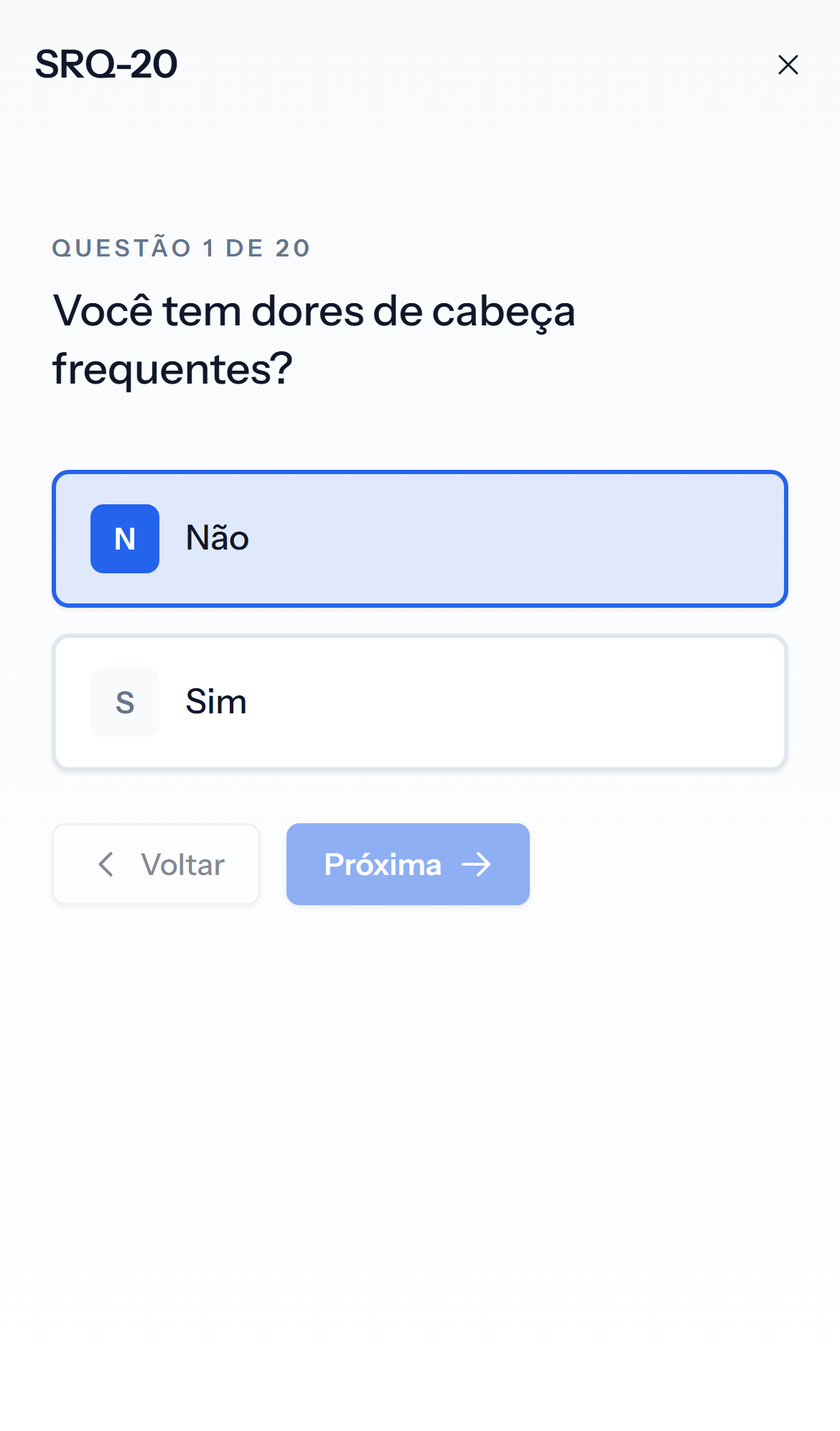 Tela mobile clara de resultado do teste SRQ-20