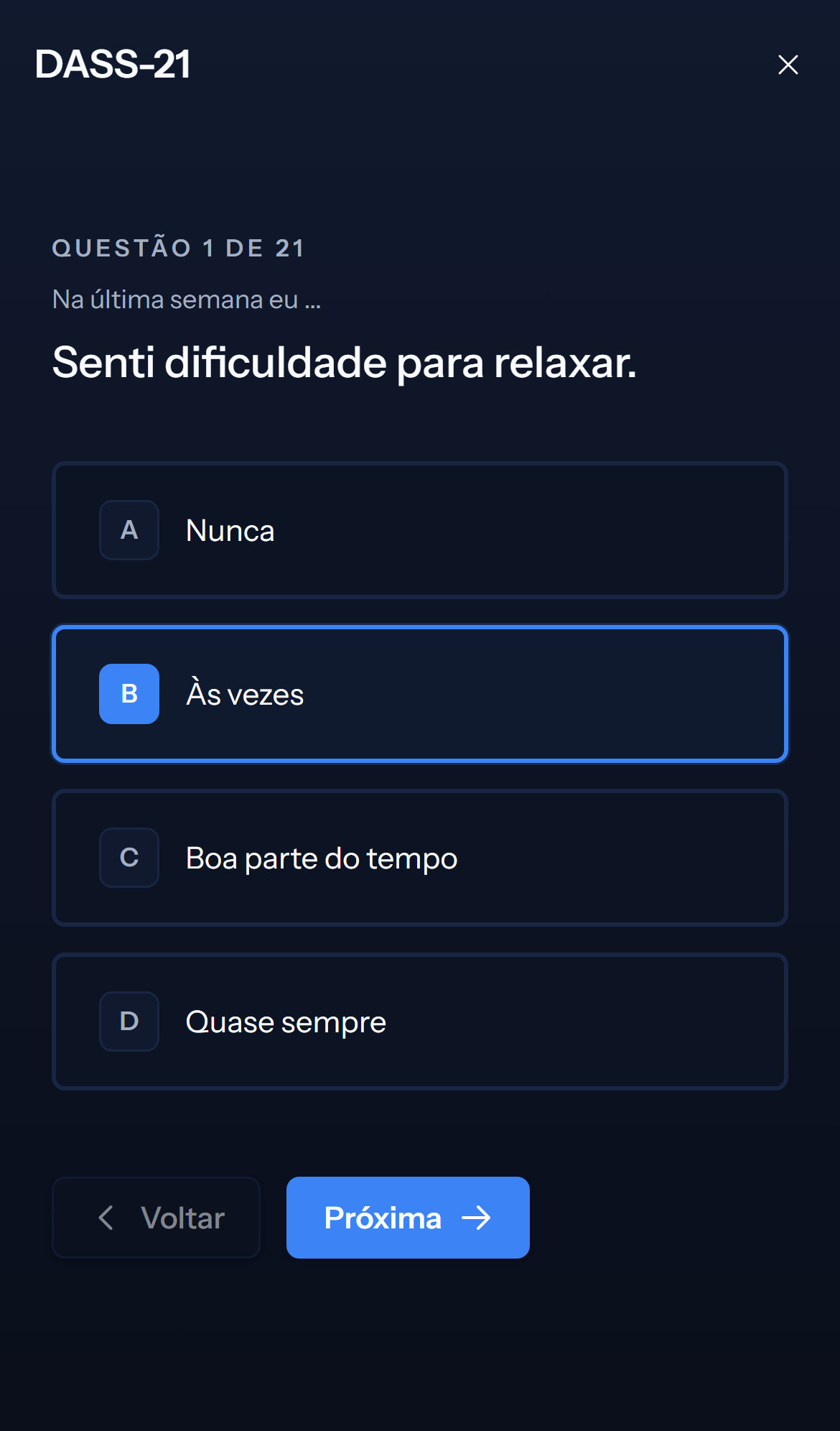 Tela mobile escura de pergunta do teste DASS-21