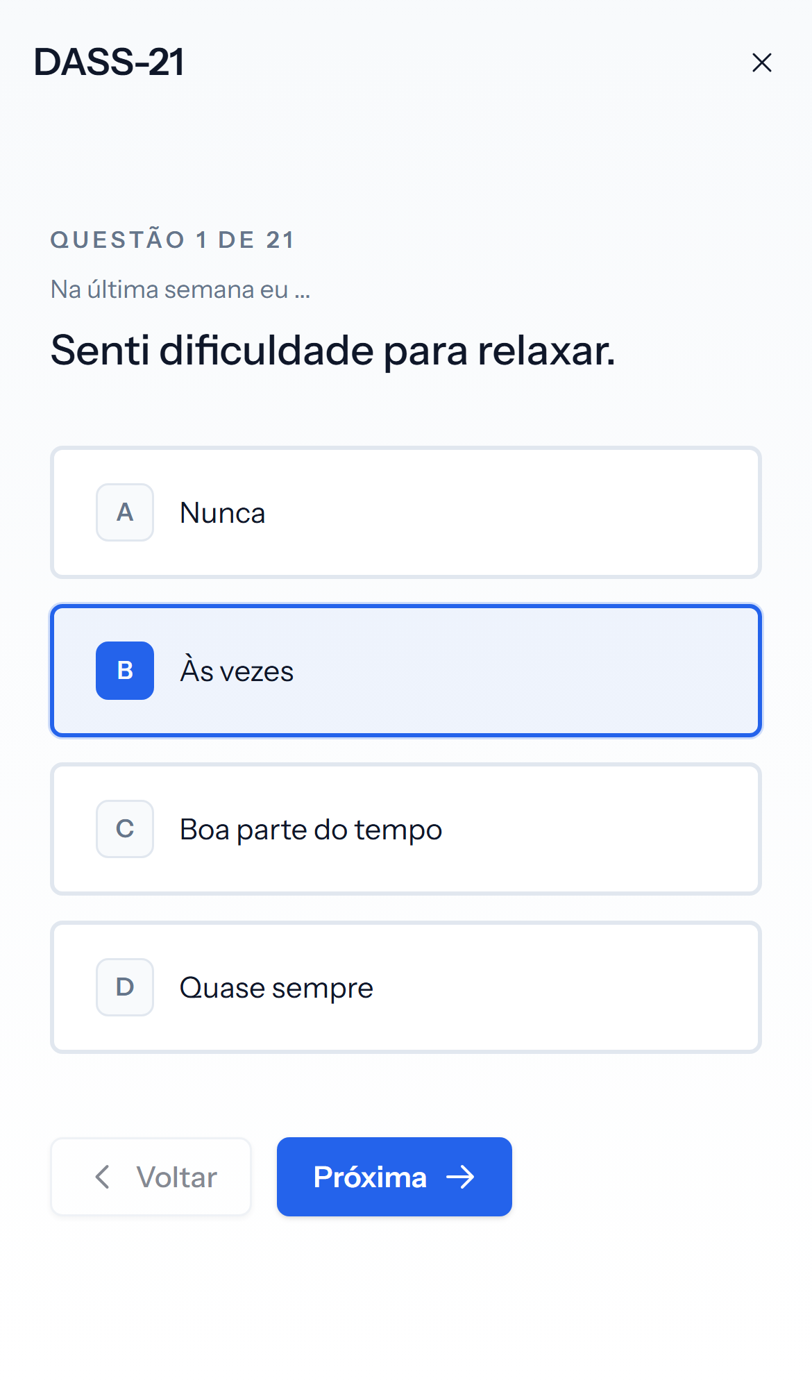 Tela mobile clara de pergunta do teste DASS-21