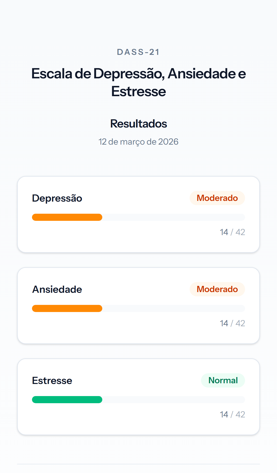 Tela mobile clara de resultado do teste DASS-21