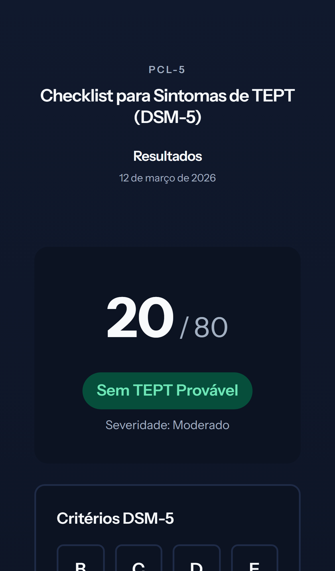 Tela mobile escura de resultado do teste PCL-5