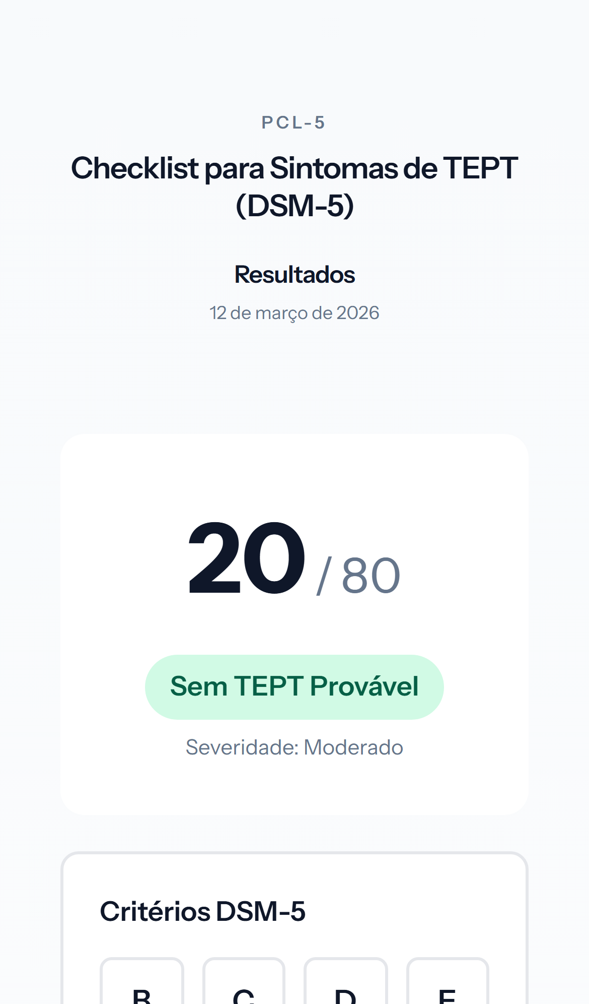 Tela mobile clara de resultado do teste PCL-5