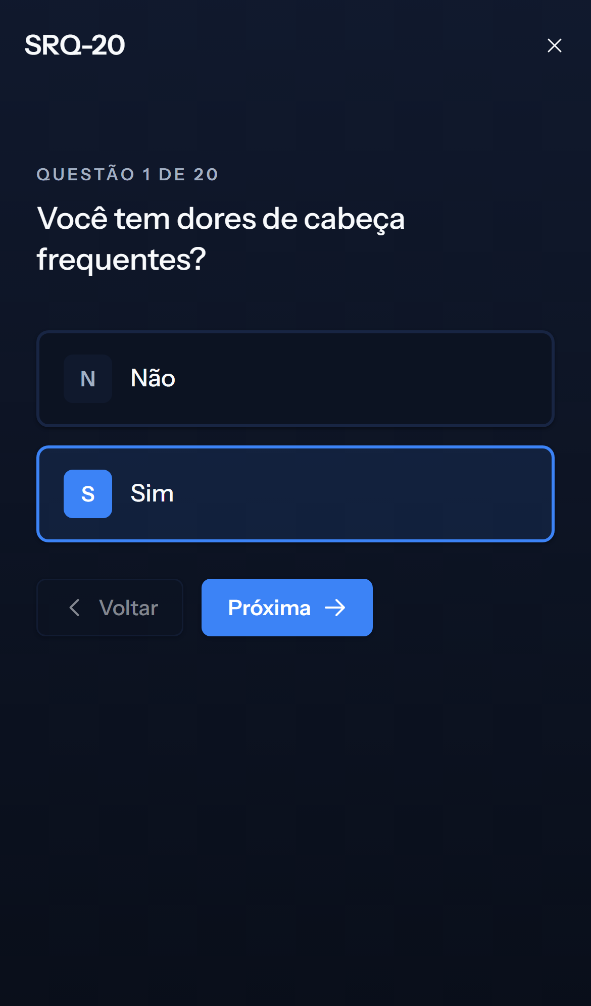 Tela mobile escura de pergunta do teste SRQ-20