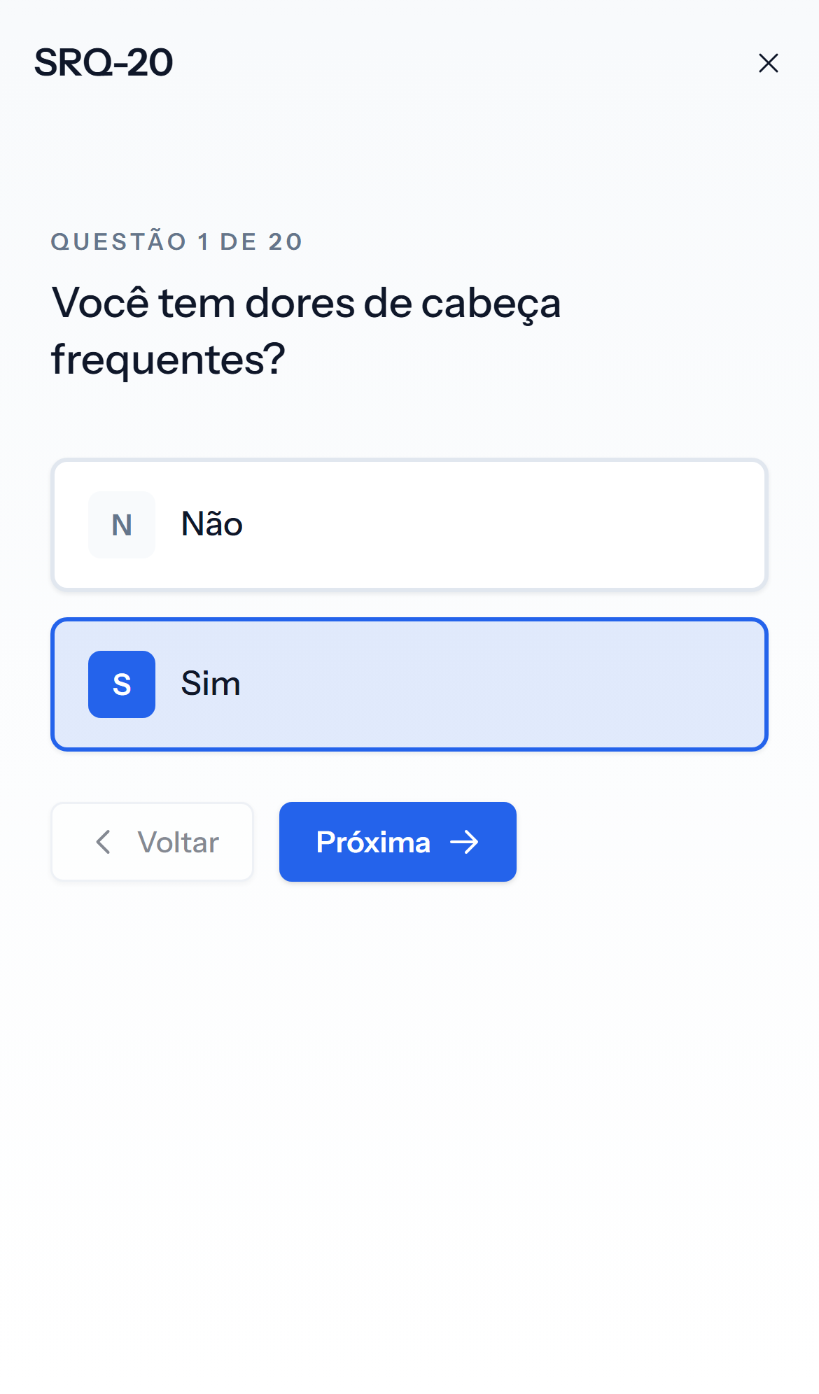 Tela mobile clara de pergunta do teste SRQ-20