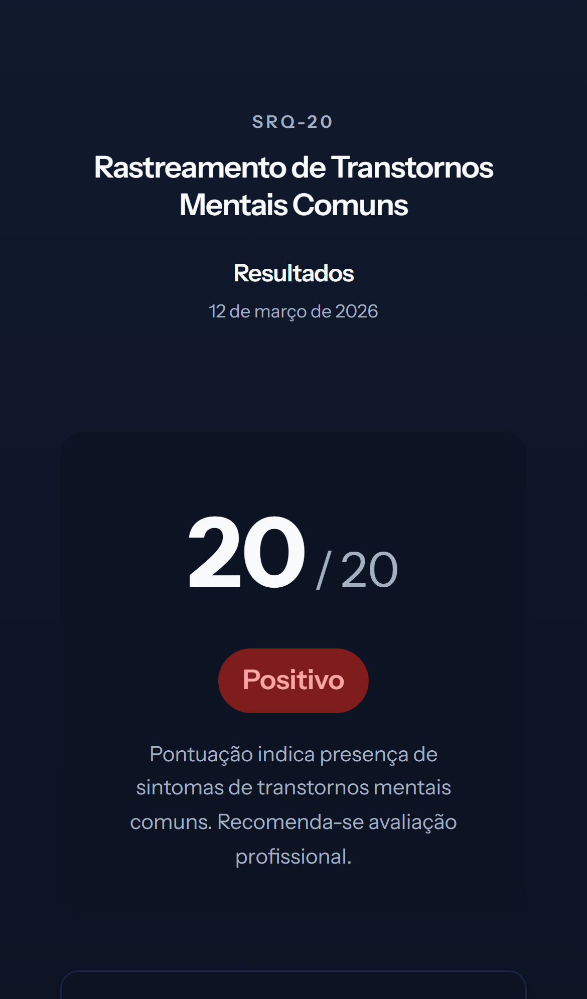 Tela mobile escura de resultado do teste SRQ-20